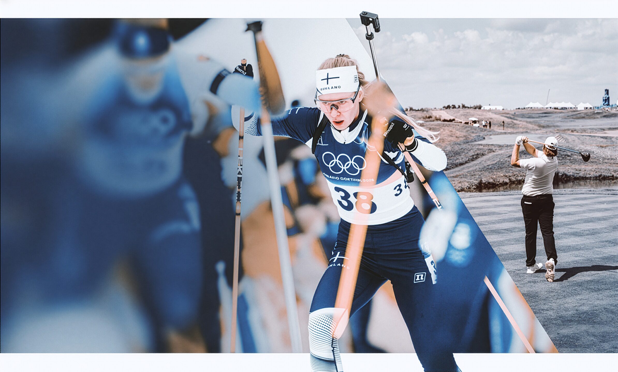 Kuvituskuva, jossa on ampumahiihtäjä Suvi Minkkinen hiihtämässä ase selässä. Taustalla golfaaja ja utuisena etualalla maastohiihtäjä olympia-asussa.