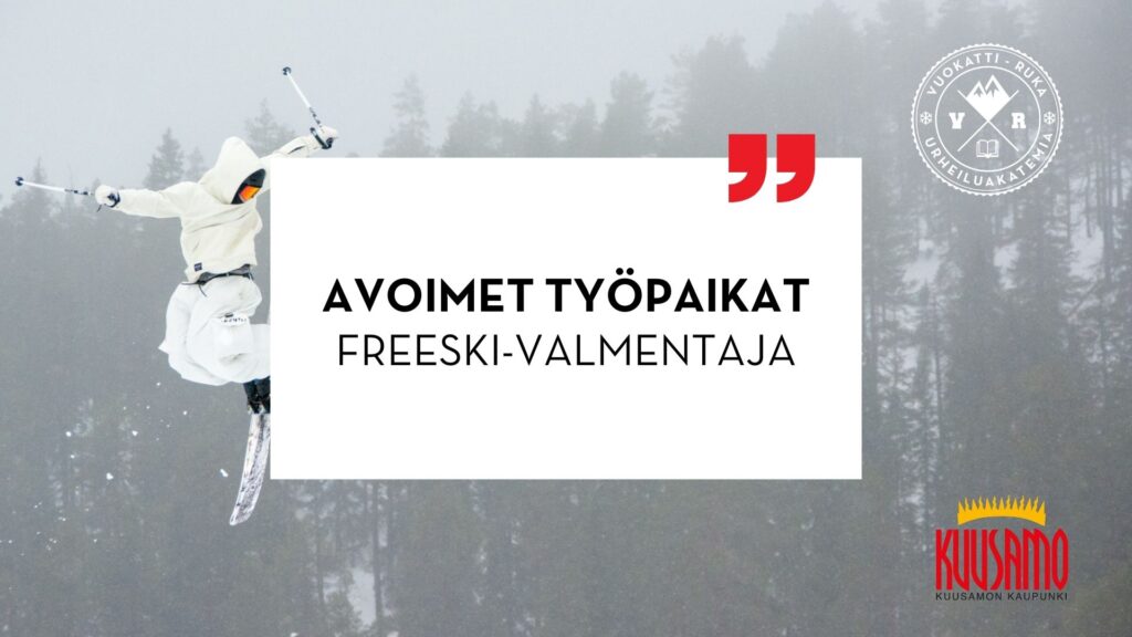 Avoimet työpaikat Freeski-valmentaja teksti. Taustalla freeski laskija sumuisessa maisemassa.