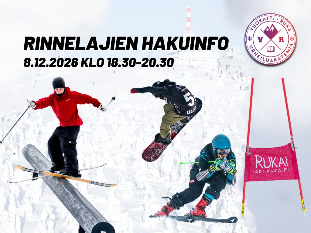 Rinnelajien hakuinfo 8.12.2026 klo 18.30-20.30. Kuvassa myös alppihiihtäjä, lumilautailija ja freeski laskija.